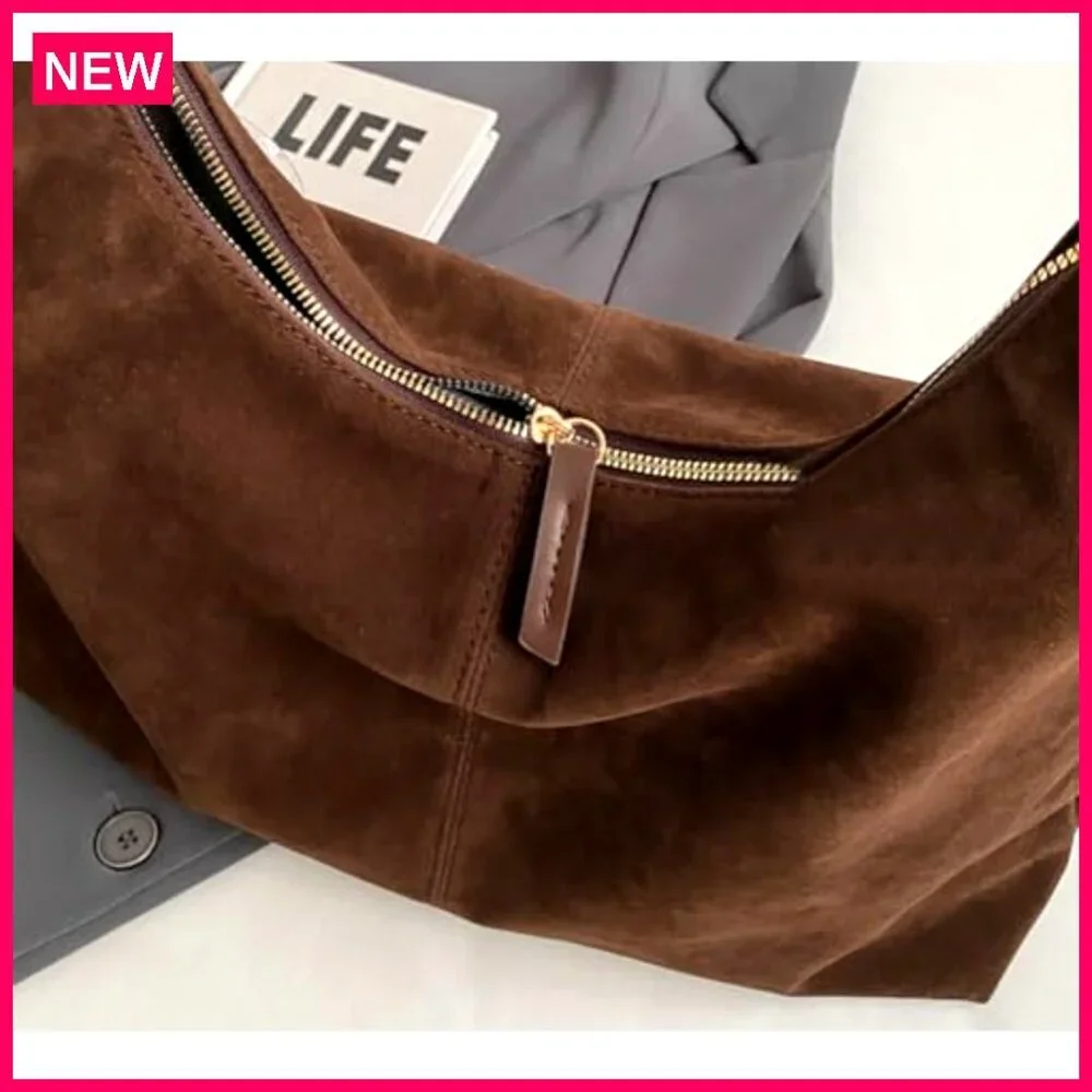 Large Faux Suede Shoulder Tote Bag, Zipper Closure, Lightweight Travel Work - Picture 8 of 8